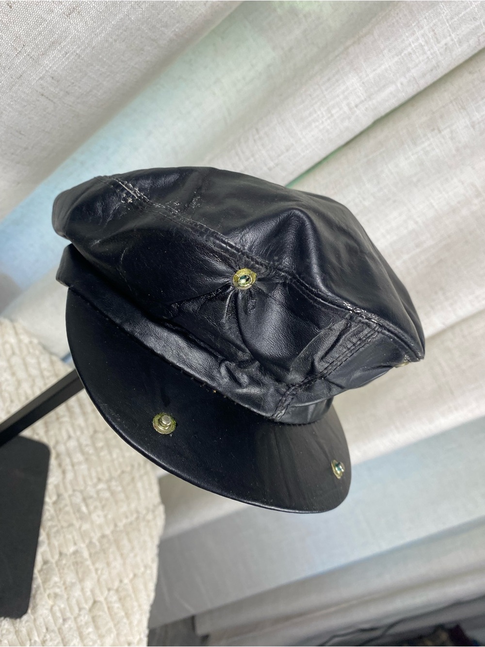 Vintage 70s Byrnes & Baker Black Genuine Leather Newsboy Cabbie Hat Large